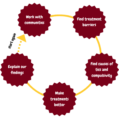 Circle diagram with logo in center. 1. work with communities. 2. find treatment barriers. 3. find causes of tics and compulsivity. 4. make treatments better. 5. explain our findings. start again.