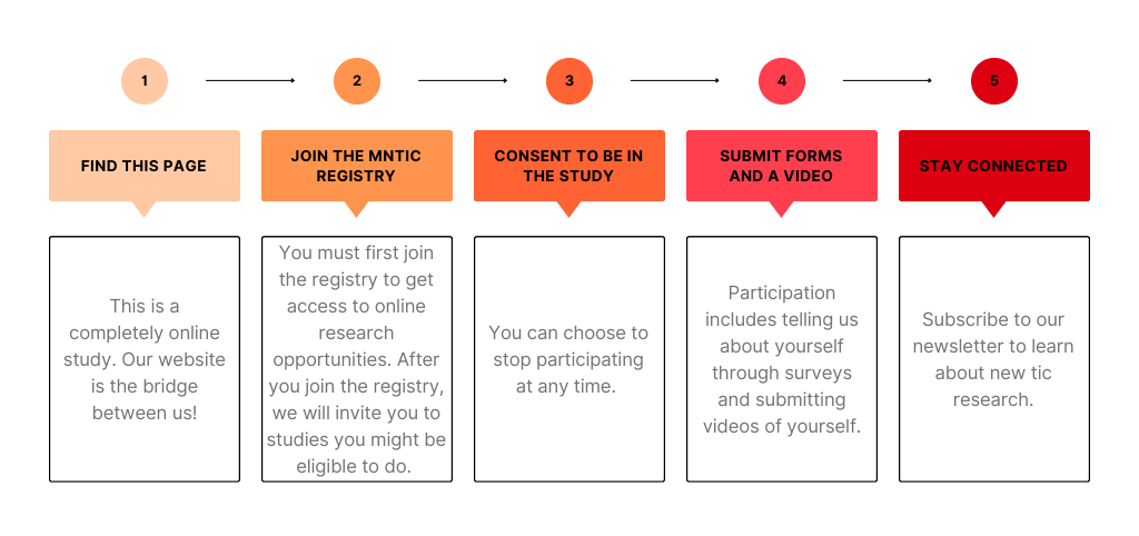 Step 1: Find this page. This is a completely online study. Our website is the bridge between us! Step 2: Join the MnTiC Registry. You must first join the registry to get access to online research opportunities. Step 3: Consent to be in the study. You can choose to stop participating at any time. Step 4: Submit forms and a video. Step 5: Stay connected. Subscribe to our newsletter to learn about new tic research.
